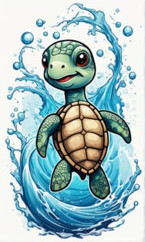 Serene turtle gracefully swimming through water amidst trail of bubbles. For fashion, clothing design, animal themed clothing advertising, as illustration for interesting clothing style, Tshirt design