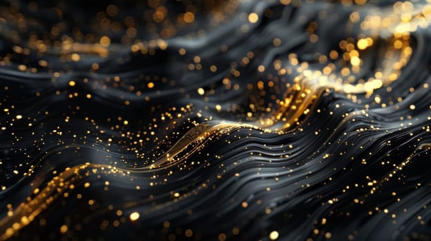A close up of a black and gold surface with shiny dots