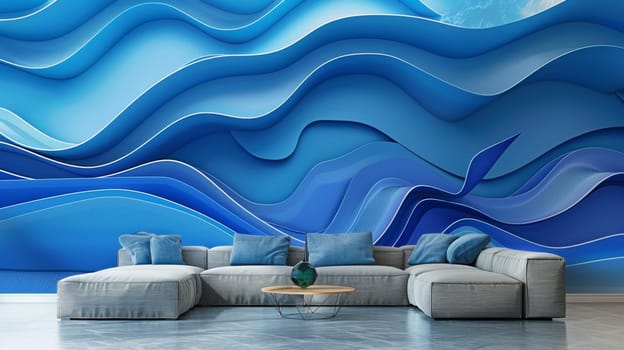 A living room with a couch and coffee table in front of the wall