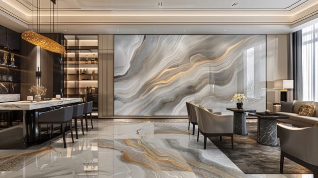 A modern living room with a marble wall and chairs