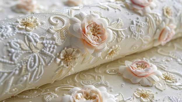 A close up of a white fabric with flowers on it