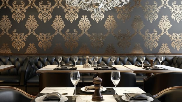 A fancy restaurant with a chandelier and black table cloths