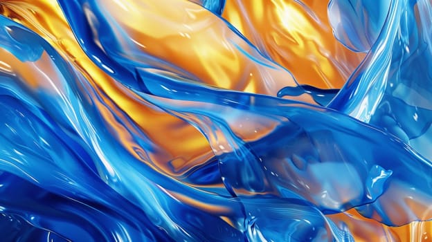 A close up of a blue and orange liquid flowing in the air