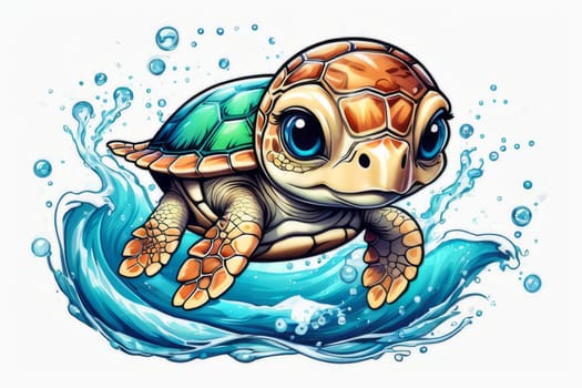 Turtle riding wave on white background. For Tshirt design, posters, postcards, other merchandise with marine theme, childrens books, educational materials for kids, tourism, stationery