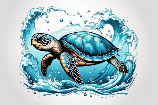 Turtle gracefully swimming in water. For educational materials for kids, game design, animated movies, tourism, stationery, Tshirt design, posters, postcards, childrens books