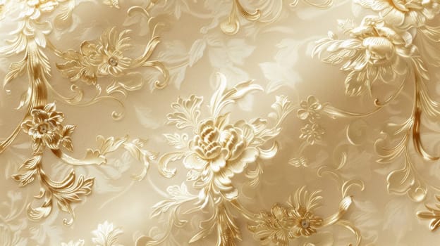 A close up of a gold and white floral pattern on fabric