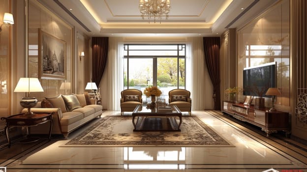 A living room with a large window and two couches
