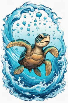 Majestic sea turtle gracefully gliding through crystal-clear waters of ocean. For educational materials for kids, game design, animated movies, tourism, stationery, Tshirt design, clothing design