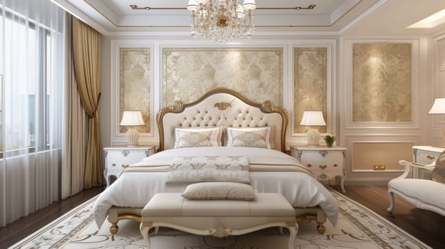 A bedroom with a bed, chair and chandelier in it