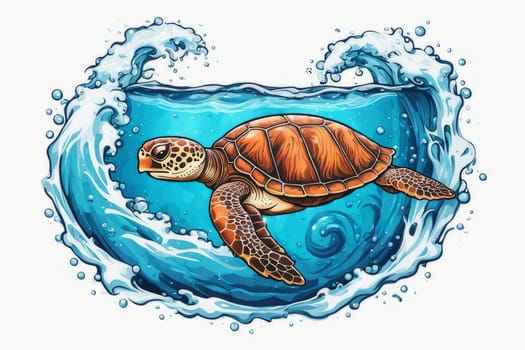 Turtle gracefully swimming in water surrounded by bubbles, showcasing its serene underwater world. For Tshirt design, posters, postcards, other merchandise with marine theme, childrens books