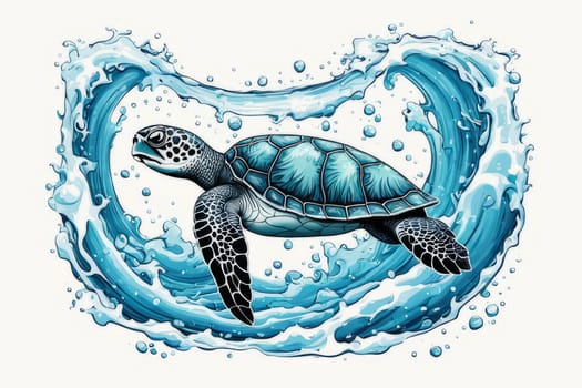 Majestic turtle is seen gliding effortlessly through water, its movements slow, graceful. For Tshirt design, posters, postcards, other merchandise with marine theme, childrens books