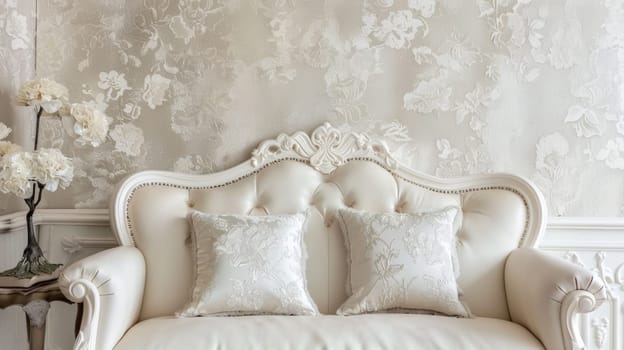 A white couch with two pillows in front of a wallpapered room