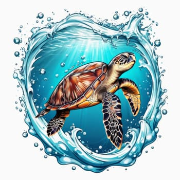 Turtle riding wave on white background. For Tshirt design, posters, postcards, other merchandise with marine theme, childrens books, educational materials for kids, tourism, stationery