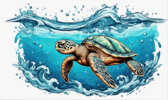 Exquisite image showcasing serene turtle gliding through crystal-clear blue waters of ocean. For fashion, clothing design, animal themed clothing advertising, Tshirt design