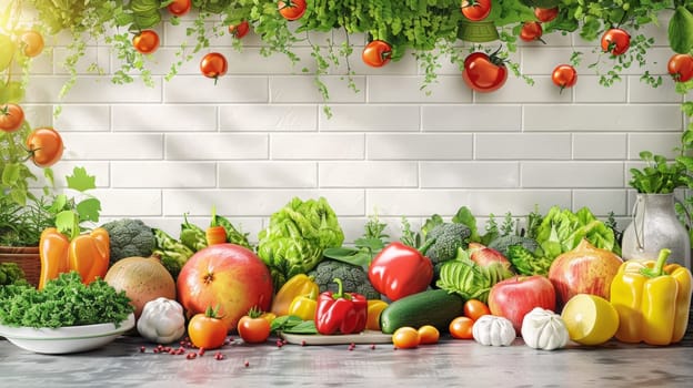 A bunch of vegetables and fruits are arranged on a table