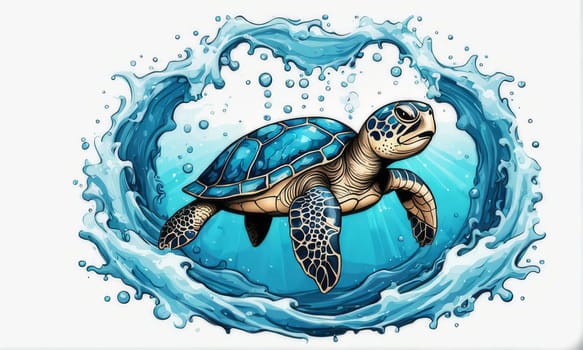 Turtle gracefully swimming in water. For educational materials for kids, game design, animated movies, tourism, stationery, Tshirt design, posters, postcards, childrens books