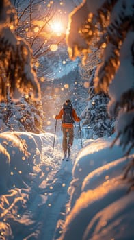 Cross-country skiing through a winter wonderland, embodying endurance and beauty.