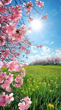 A beautiful view of a field with pink flowers and grass