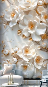 A white flower wall mural with gold accents and a couch