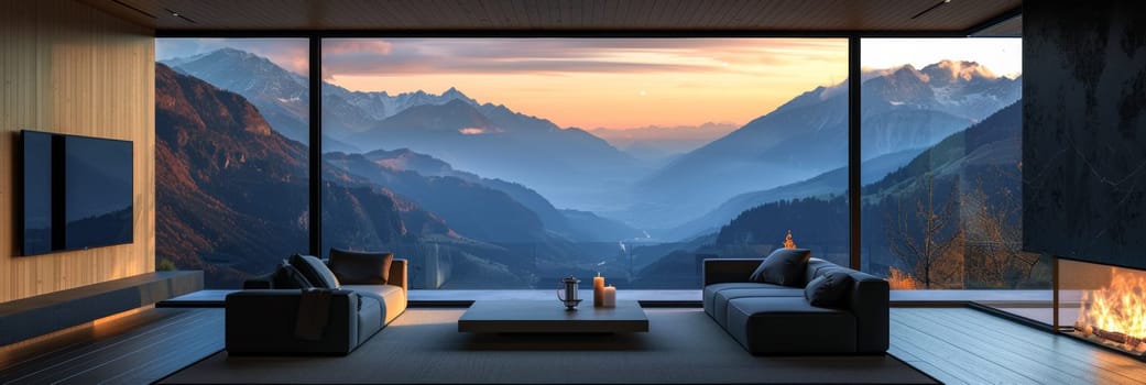 A living room with a fireplace and mountain view in the background