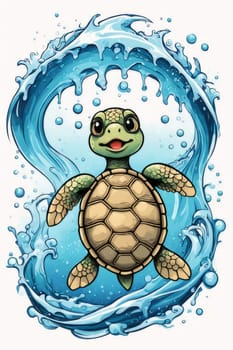Turtle gracefully swimming in water surrounded by bubbles, showcasing its serene underwater world. For Tshirt design, posters, postcards, other merchandise with marine theme, childrens books