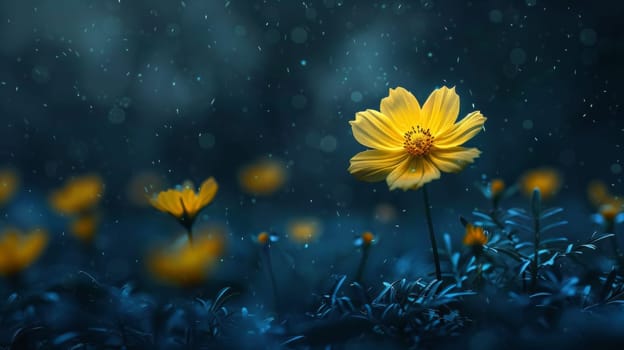 A yellow flower in the middle of a field with rain falling