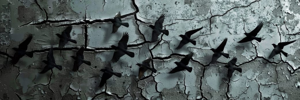 A group of birds flying around a cracked wall with black paint