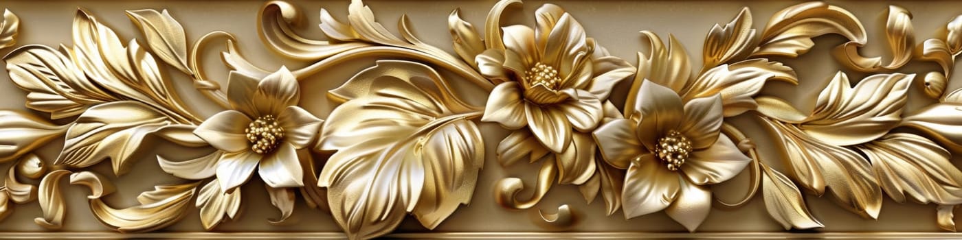 A close up of a decorative wall with gold flowers