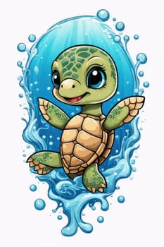 Turtle riding wave on white background. For Tshirt design, posters, postcards, other merchandise with marine theme, childrens books, educational materials for kids, tourism, stationery