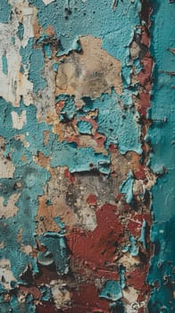 A close up of a wall with peeling paint and holes