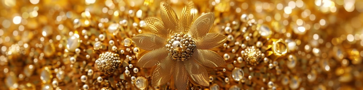 A close up of a gold flower surrounded by many shiny objects