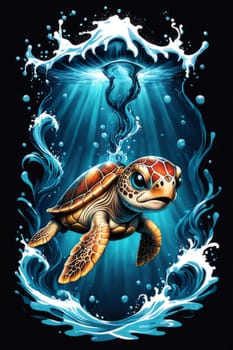 Vibrant sea turtle elegantly maneuvering its way through shimmering azure ocean depths, showcasing beauty, tranquility of marine life in its natural habitat.For fashion, clothing design, Tshirt design