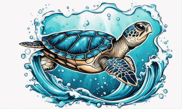 Majestic turtle glides effortlessly through clear blue waters, its shell glistening in sunlight. For educational materials for kids, game design, animated movies, tourism, stationery, Tshirt design