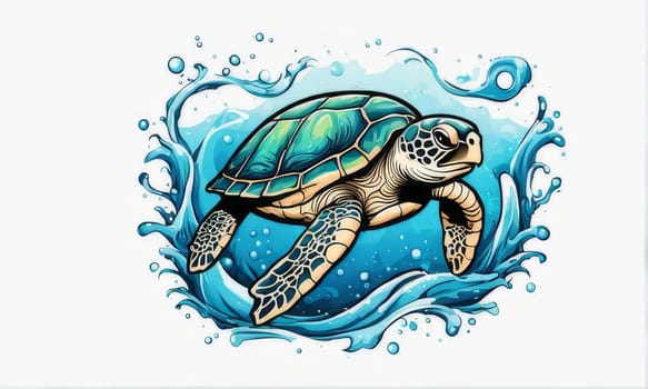 Majestic turtle is seen gliding effortlessly through water, its movements slow, graceful. For Tshirt design, posters, postcards, other merchandise with marine theme, childrens books
