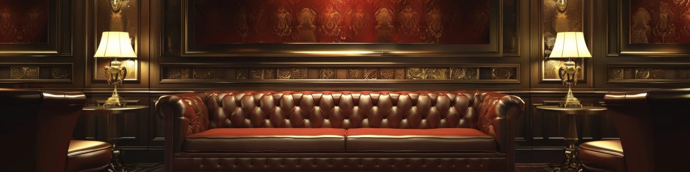 A brown leather couch sitting in a room with two lamps