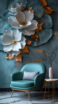 A blue chair sitting next to a wall with flowers on it