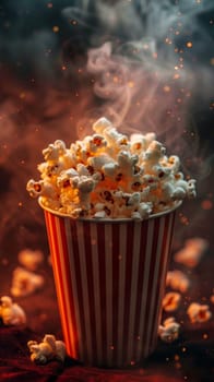 A close up of a popcorn bucket with smoke coming out