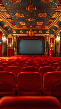 A view of a theater with red seats and gold decorations