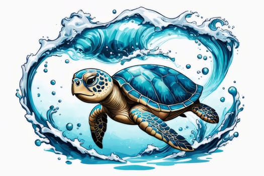 Serene turtle gracefully swimming through water amidst trail of bubbles. For fashion, clothing design, animal themed clothing advertising, as illustration for interesting clothing style, Tshirt design