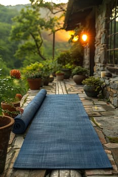 Yoga mat in a peaceful setting, ready for a meditative session.