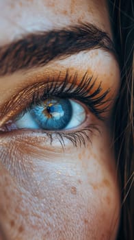 A close up of a woman's eye with blue iris