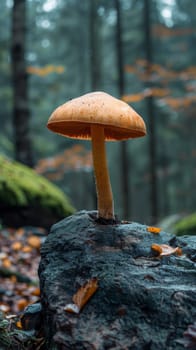 A mushroom growing on a rock in the woods