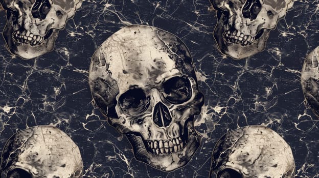 A pattern of skulls on a black background with white teeth