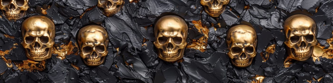 A group of gold skulls are arranged on a black background