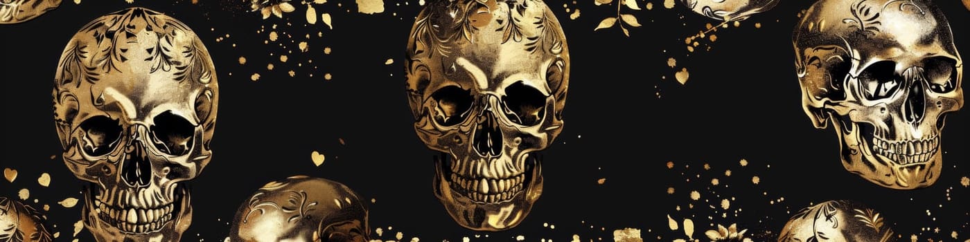 A pattern of skulls in gold on a black background