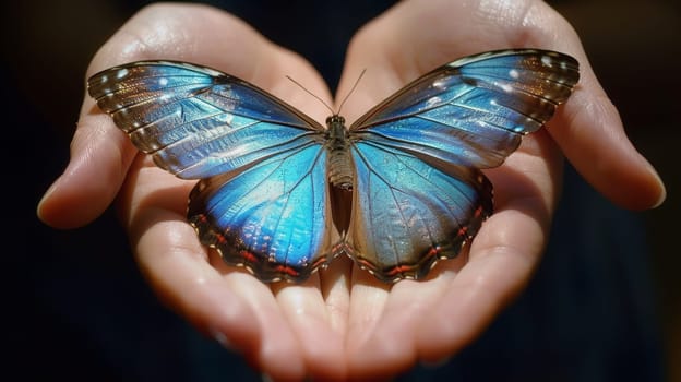 A person holding a blue butterfly in their hands