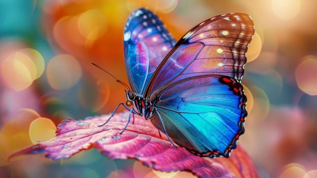 A butterfly sitting on a leaf with colorful bokeh background