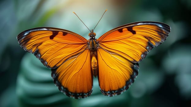 A close up of a butterfly with orange wings and black spots