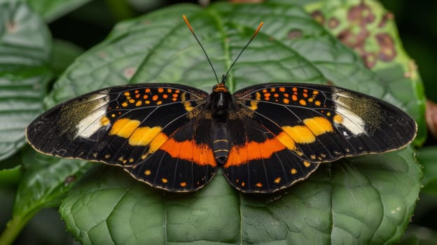 A butterfly with orange, black and white markings sitting on a leaf