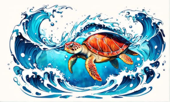Majestic turtle glides effortlessly through clear blue waters, its shell glistening in sunlight. For educational materials for kids, game design, animated movies, tourism, stationery, Tshirt design
